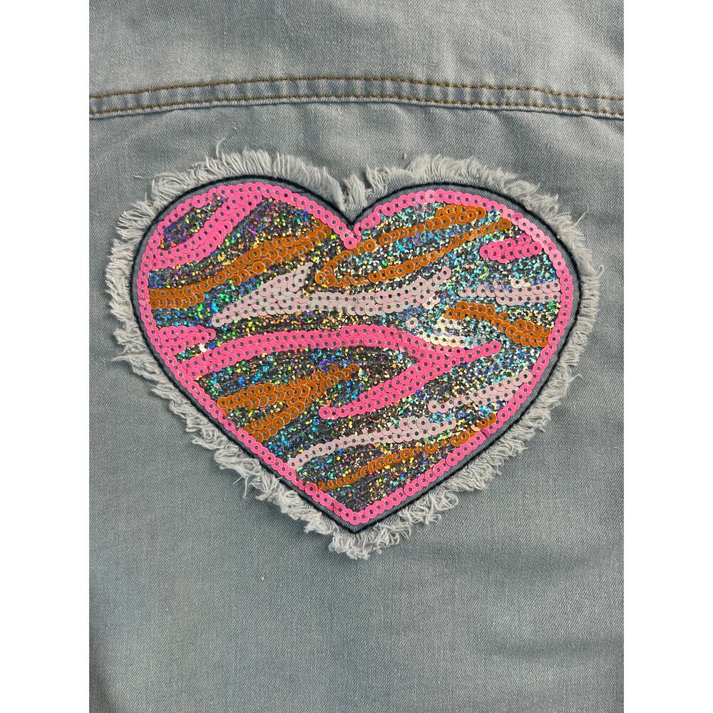 Vince Camuto Girls Size 6 Light Wash Denim Jacket Sequin Heart Back Button Front - Picture 3 of 8